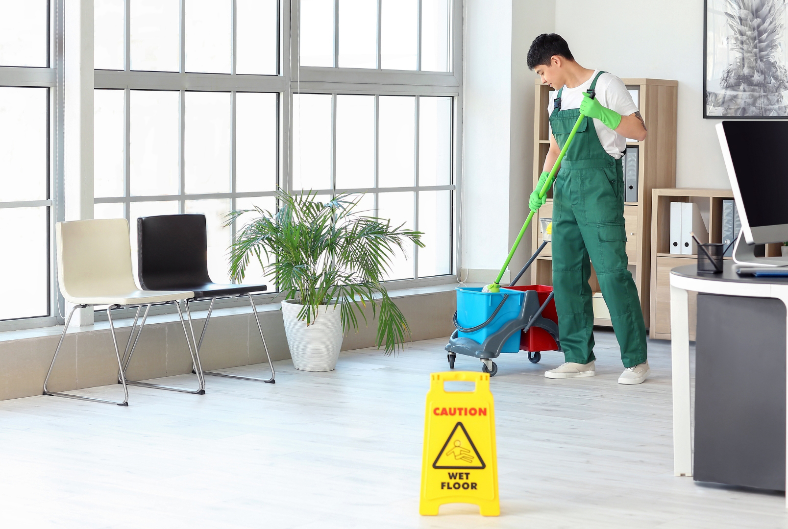 gebäudereinigung mann wischt boden